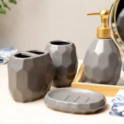 Grey Ceramic Bathroom Set Of 4 - Hexagonal Pattern, Bath Accessories