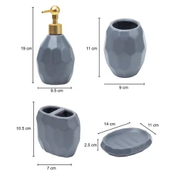 Grey Ceramic Bathroom Set Of 4 - Hexagonal Pattern, Bath Accessories