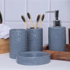 Grey Ceramic Bathroom Set Of 4 - Geometric Pattern, Matte