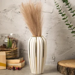 Grey Ceramic Vase - Ribbed Design, Flower Holder