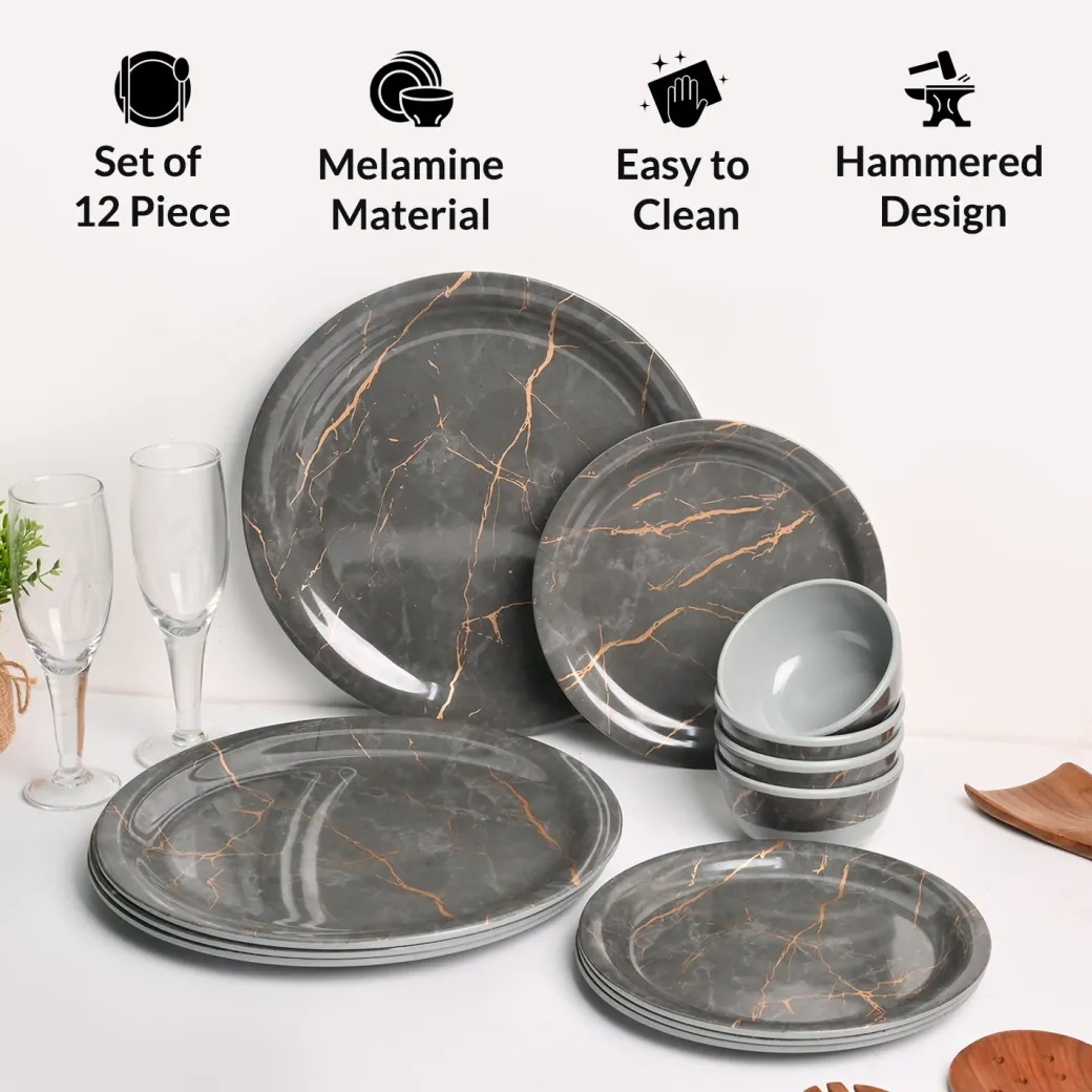 Grey Static Melamine Dinner Set – 12 Pcs