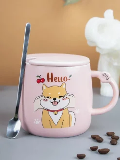 'HELLO' Coffee Mug With Lid - Pink, Cat, 420 Ml