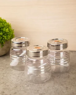 Jar, with Steel Cap, Transparent & Silver, Plastic, Set of 3, 200 mL