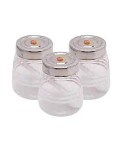 Jar, with Steel Cap, Transparent & Silver, Plastic, Set of 3, 200 mL