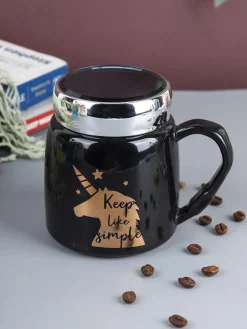 'Keep Like Simple' Coffee Mug With Lid -  Black, 360Ml