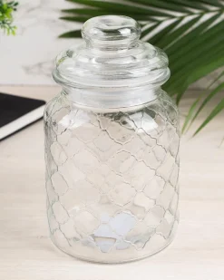 Kitchen Jar with Lid, Transparent (Grid Pattern), Glass, 600 mL