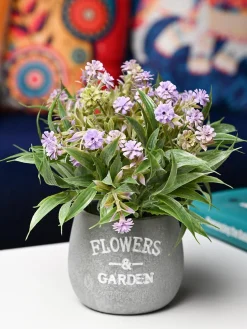 Lavender & Green Artificial Flower with Pot - Cylindrical Shape with "Flowers & Garden" Print