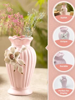Light Pink Ceramic Curvy Vase - Engraved Floral Pattern, Flower Holder