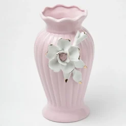 Light Pink Ceramic Curvy Vase - Engraved Floral Pattern, Flower Holder