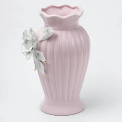 Light Pink Ceramic Curvy Vase - Engraved Floral Pattern, Flower Holder
