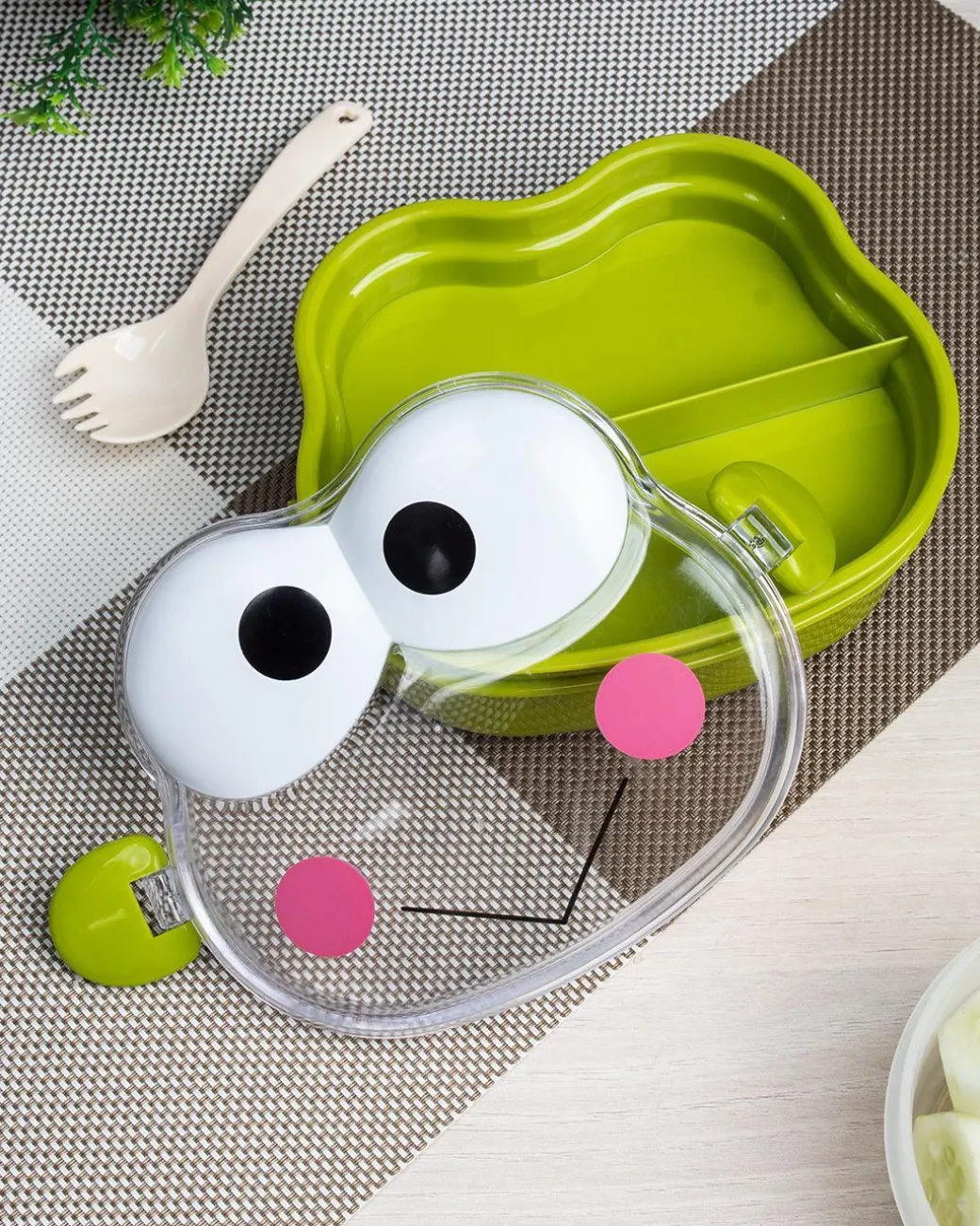 Lunch Box for Kids With Spoon, Frog Design, Green, Plastic