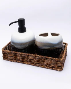 Market99 Bathroom Set, Rust Proof Chrome Finish, with Wooden Top, Blue, Ceramic