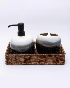 Market99 Bathroom Set, Rust Proof Chrome Finish, with Wooden Top, Blue, Ceramic