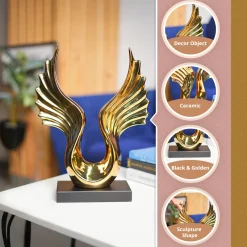 MARKET99 Black & Golden Ceramic Wing Sculpture Decor Object