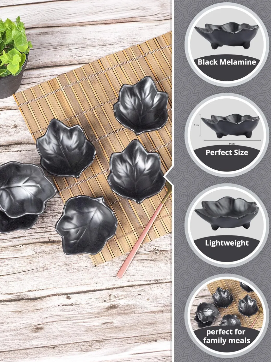 MARKET99 Black Melamine Chutney Bowls, Each 30mL, Set Of 6 Pcs
