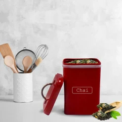 Market99 Chai Jar, Kitchen Decorative, Countertop Metal Storage Jar, Red, Mild Steel | (1 Litre)