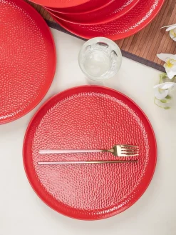 Market99 Hammered Melamine Tableware Red Glossy Finish Full Plates for Dining Table (Set Of 6, Red)