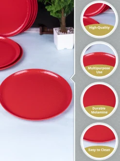 Market99 Hammered Melamine Tableware Red Glossy Finish Full Plates for Dining Table (Set Of 6, Red)