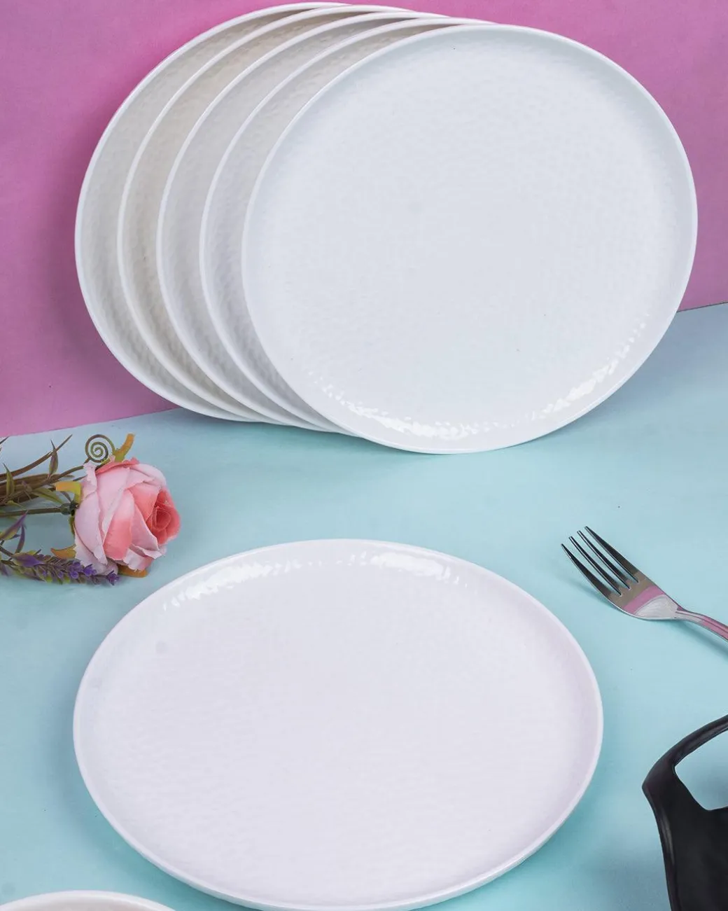 Market99 Hammered Melamine Tableware White Glossy Finish Quarter Plates for Dining Table (Set Of 6, White)