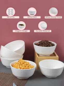 Market99 Hammered Melamine Tableware White Glossy Finish Soup Bowls for Dining Table (Set Of 6, 300 mL )