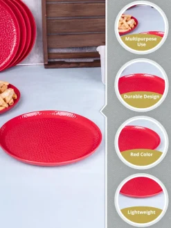 Market99 Hammered Melamine Tableware Red Glossy Finish Quarter Plates for Dining Table (Set Of 6, Red)