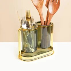 MARKET99 Iron & Plastic Tabletop Green Cutlery Holder (Set of 2)