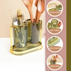 MARKET99 Iron & Plastic Tabletop Green Cutlery Holder (Set of 2)