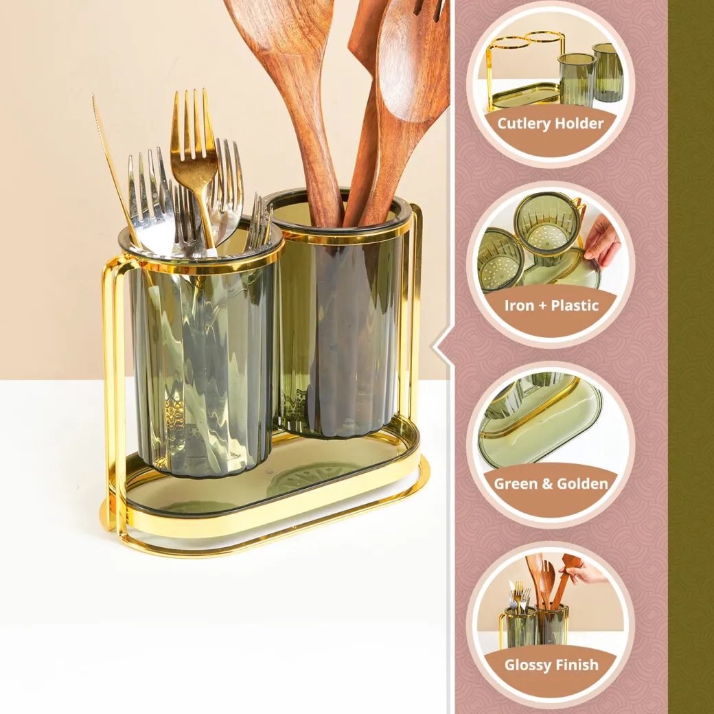 MARKET99 Iron & Plastic Tabletop Green Cutlery Holder (Set of 2)