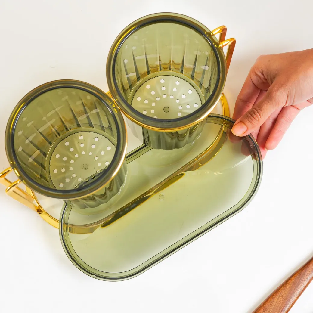 MARKET99 Iron & Plastic Tabletop Green Cutlery Holder (Set of 2)