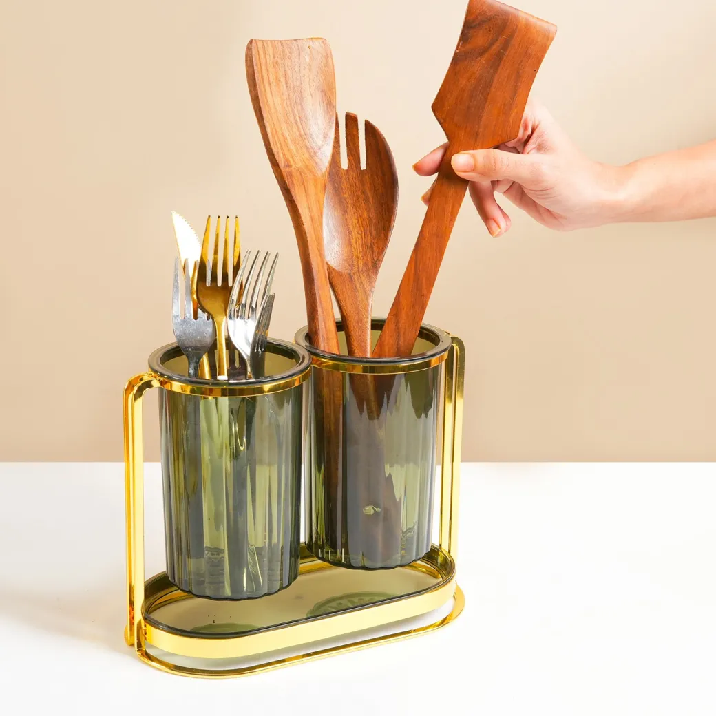 MARKET99 Iron & Plastic Tabletop Green Cutlery Holder (Set of 2)