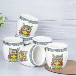MARKET99 Owl Printed Ceramic Kullad, (Each 130 mL, Set Of 6 Pcs)