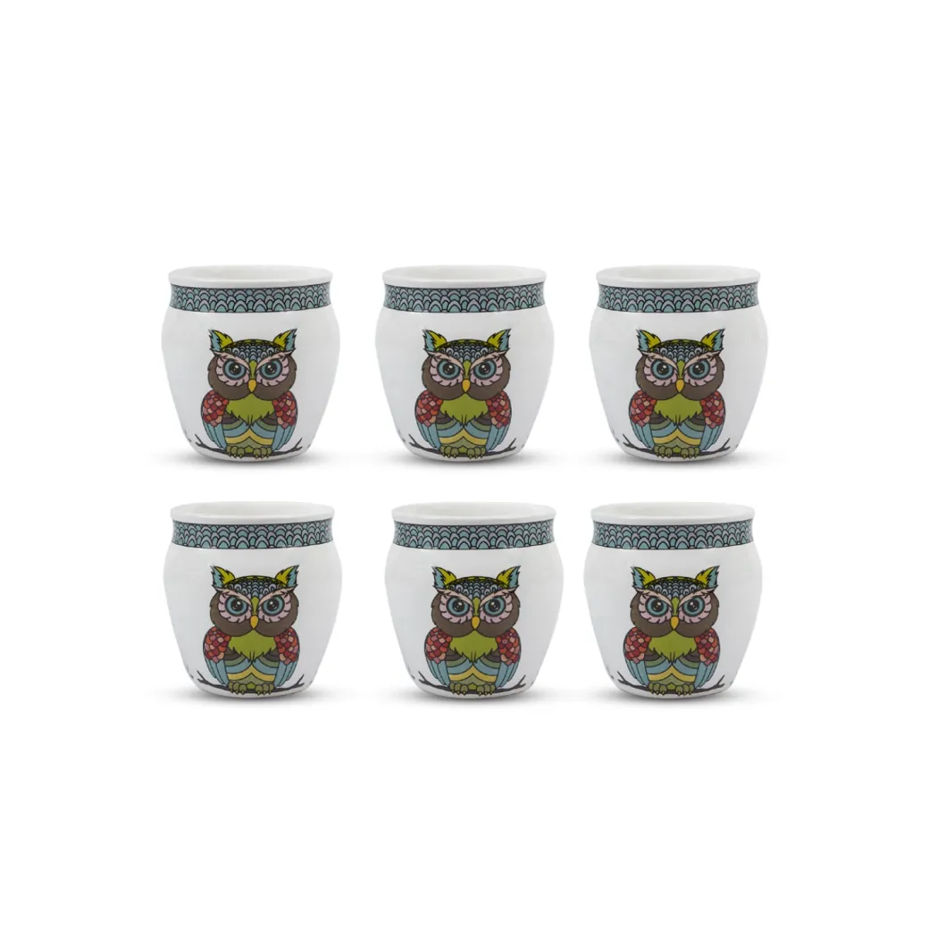 MARKET99 Owl Printed Ceramic Kullad, (Each 130 mL, Set Of 6 Pcs)
