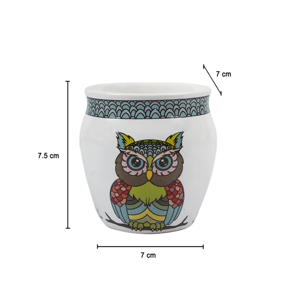MARKET99 Owl Printed Ceramic Kullad, (Each 130 mL, Set Of 6 Pcs)