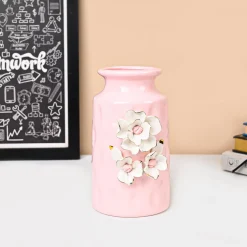 MARKET99 Pink Ceramic Floral Appliques Design with Glossy Finish