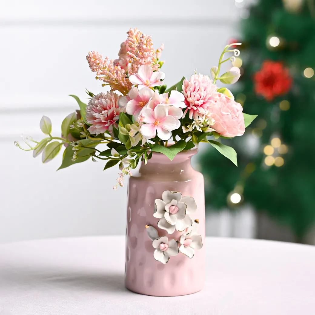 MARKET99 Pink Ceramic Floral Appliques Design with Glossy Finish