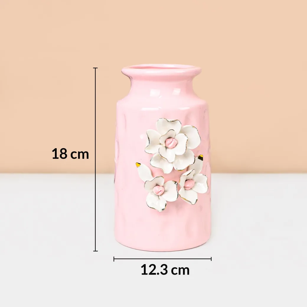 MARKET99 Pink Ceramic Floral Appliques Design with Glossy Finish