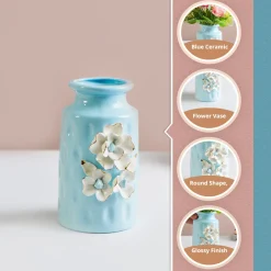 MARKET99 Sky Blue Round Ceramic Vase with Floral Appliques