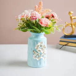MARKET99 Sky Blue Round Ceramic Vase with Floral Appliques