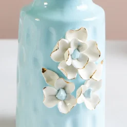 MARKET99 Sky Blue Round Ceramic Vase with Floral Appliques