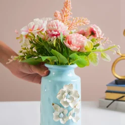 MARKET99 Sky Blue Round Ceramic Vase with Floral Appliques