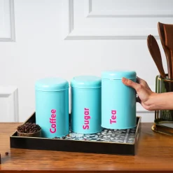 MARKET99 Turquoise Iron Coffee, Tea & Sugar Jars - (1000 ml Each, Set Of 3)