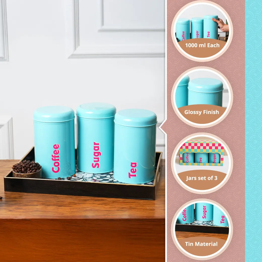 MARKET99 Turquoise Iron Coffee, Tea & Sugar Jars - (1000 ml Each, Set Of 3)