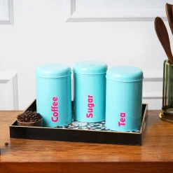 MARKET99 Turquoise Iron Coffee, Tea & Sugar Jars - (1000 ml Each, Set Of 3)