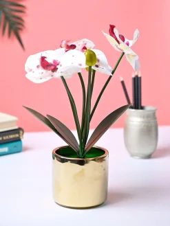 Market99 White Artificial Orchid Flower With Golden Pot