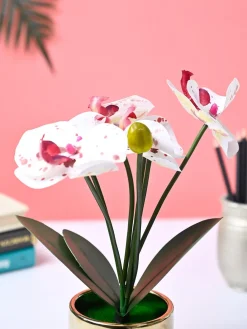 Market99 White Artificial Orchid Flower With Golden Pot