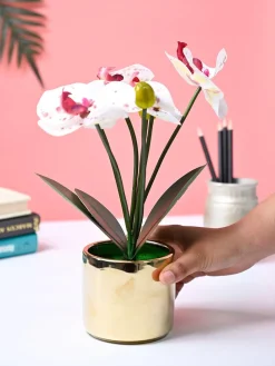 Market99 White Artificial Orchid Flower With Golden Pot
