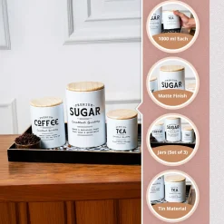 MARKET99 White Iron Coffee, Tea & Sugar Jars - (1000 ml Each, Set Of 3)