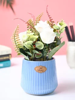 Market99 White Rose Flower With Blue Pot