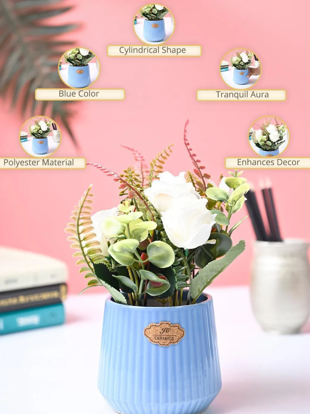 Market99 White Rose Flower With Blue Pot