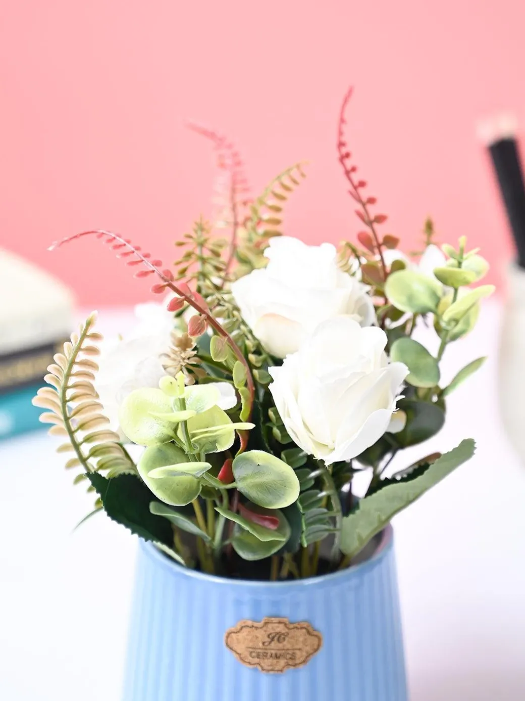 Market99 White Rose Flower With Blue Pot